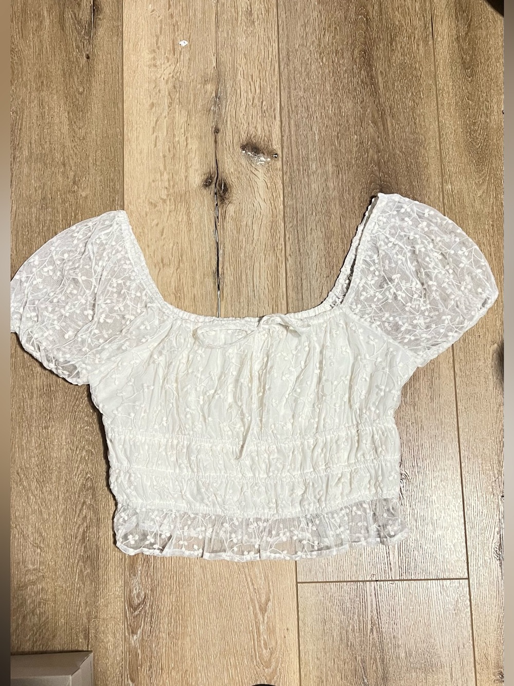 White Puff-Sleeve Lace Crop Top